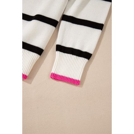 White Stripe Color Contrast Drop Shoulder Crew Neck Sweater