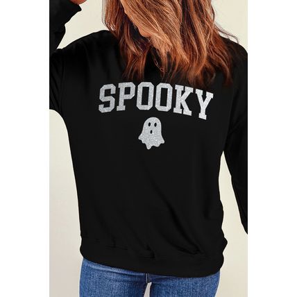 Black Glitter SPOOKY Ghost Pattern Crew Neck Halloween Sweatshirt