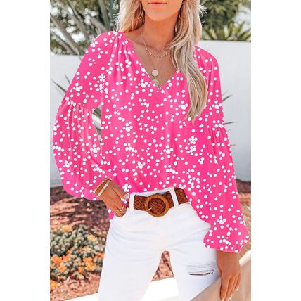 Rose Floral Print V Neck Long Puff Sleeve Top