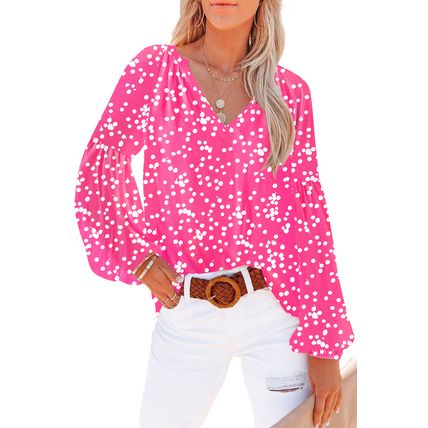 Rose Floral Print V Neck Long Puff Sleeve Top