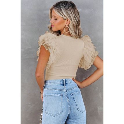 Apricot Dotty Mesh Ruffle Sleeve Ribbed Knit Top