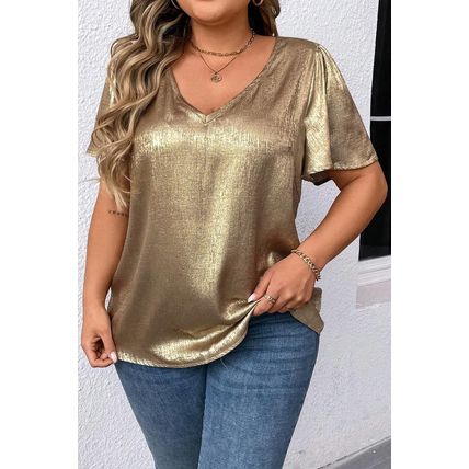 Gold Plus Size Metallic V Neck Short Sleeve Blouse