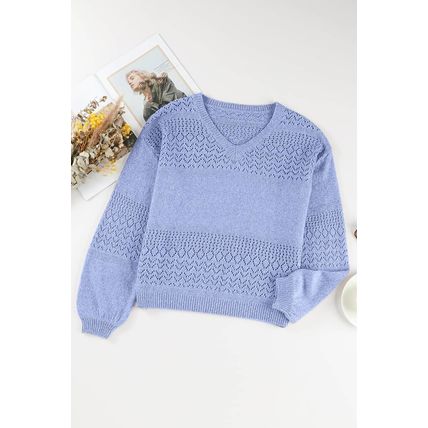 Sky Blue Eyelet Pattern Detail V Neck Drop Shoulder Sweater