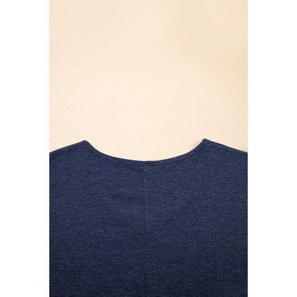 Sail Blue Solid Colour V-Neck Double Layer Sleeve Loose T-Shirt