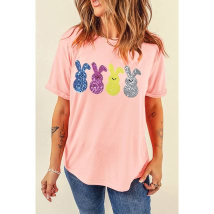 Pink Sequin Cute Bunny Graphic Easter Fashion Tee