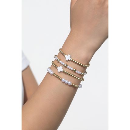White Cross Pearl Decor Beaded Elastic Multi Layered Bracelet