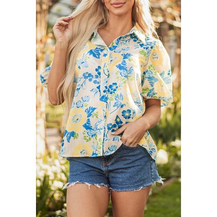 Blue Floral Striped Mixed Print Puff Short Sleeve Blouse