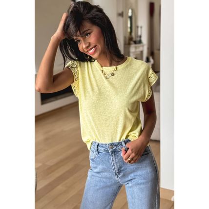 Yellow Cream Lace Patchwork Cap Sleeve Round Neck T Shirt