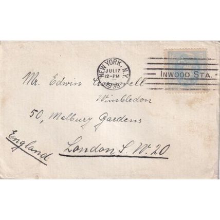 United States 1938 New York to London UK New York Inwood Sta. cancel written VGC
