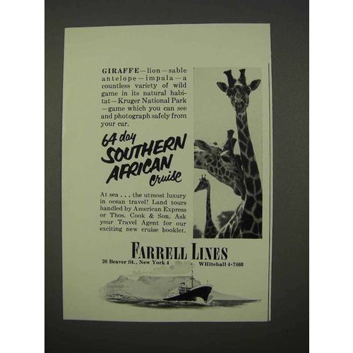 1955 Farrell Lines Southern African Cruise Ad - Giraffe