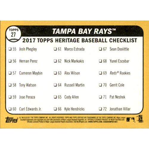 2017 Topps Heritage Baseball Tampa Bay Rays #27