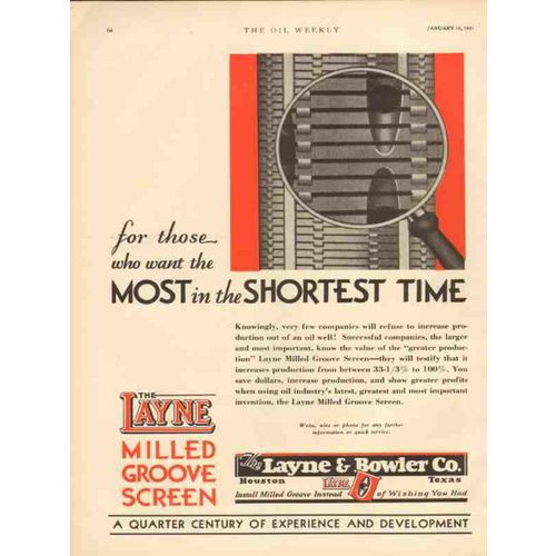 LAYNE BOWLER COMPANY 1931 Most shortest time oil well vintage ad