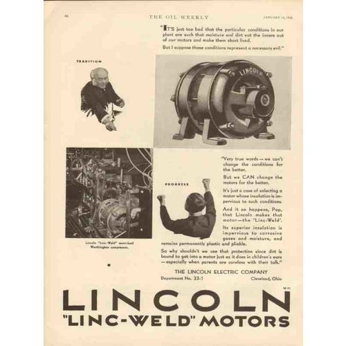 LINCOLN ELECTRIC COMPANY 1931 gas oilfield Linc-Weld motors vintage ad