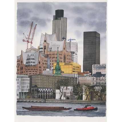 Cranes Construction by Boats London Natwest Tower Painting Postcard