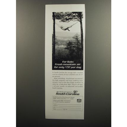 1966 South Carolina Tourism Ad - For sale: fresh mountain air for only $7.17