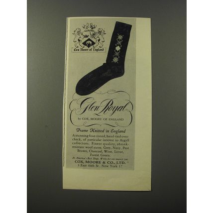 1953 Cox, Moore & Co. Glen Royal Socks Advertisement