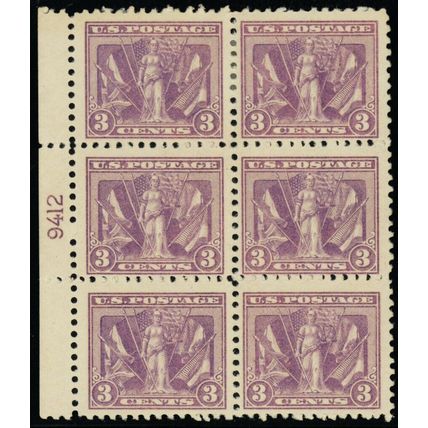 537, Mint FVF HR Top Two - 3¢ Plate Block of Six Stamps CV $260 * Stuart Katz