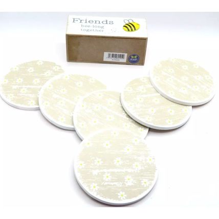 Bee Wooden Coasters Friends bee-long together Round Set of 6 in a Holder
