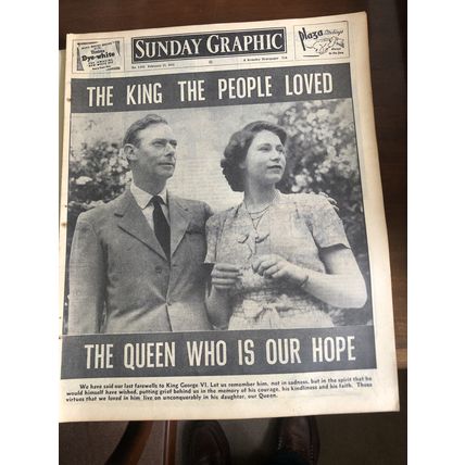 VINTAGE ORIGINAL SUNDAY GRAPHIC NEWSPAPER FEB 1952 DEATH OF GEORGE V1
