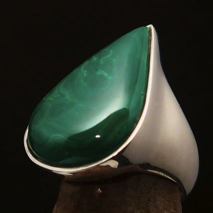 Minimalist mirror polished Sterling Silver Ring Green Pear Malachite - Size 10