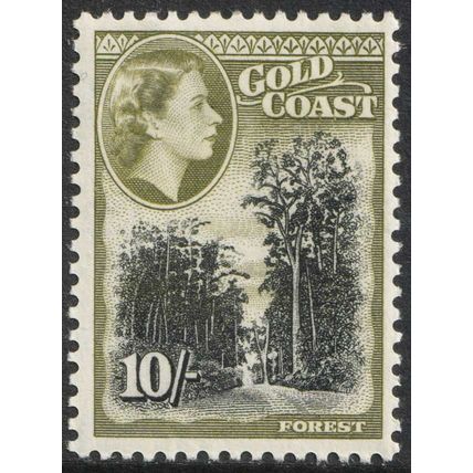 Gold Coast QEII 1952-54 10s Black Olive-Green Forest SG164 Mint MH
