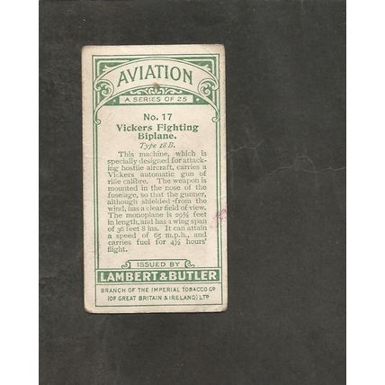 Cigarette Card 1915 Lambert & Butler Aviation #17 Vickers Fighting Biplane