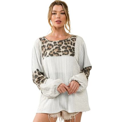 White Leopard Patch Puff Sleeve Textured Blouse