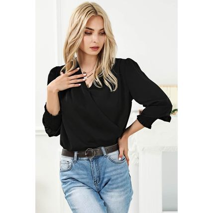 Black Solid Surplice Neck Shirred Cuffs Draped Blouse