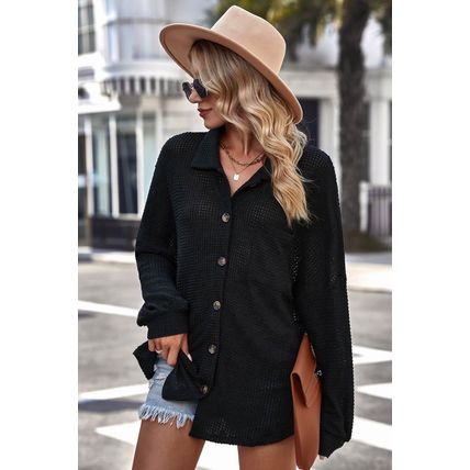 Black Waffle Knit Button Up Casual Shirt