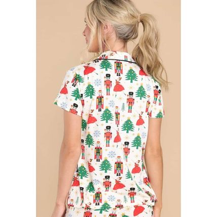 White Printed Christmas Pattern Buttoned Two Piece Sleepwear