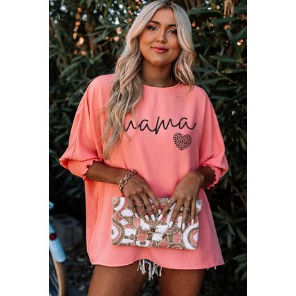 Pink mama Leopard Heart Print Shirred 3/4 Sleeve Top