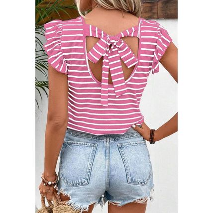 Pink Stripe Butterfly Sleeve V Neck Hollowed Knot Back T Shirt