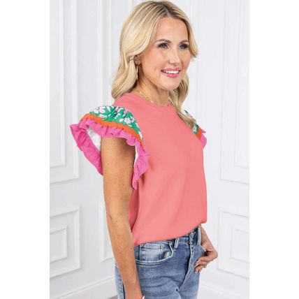 Peach Blossom Contrast Ricrac Floral Sleeve Top