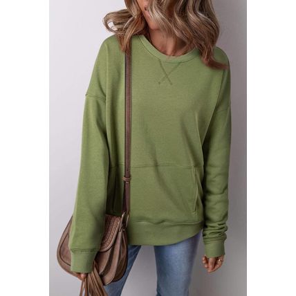 Vineyard Green Drop Shoulder Crisscross Stitching Pocketed Loose Sweatshirt