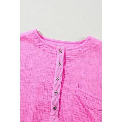 Bonbon Half Buttons Chest Pocket Drop Sleeve Plus Size Top