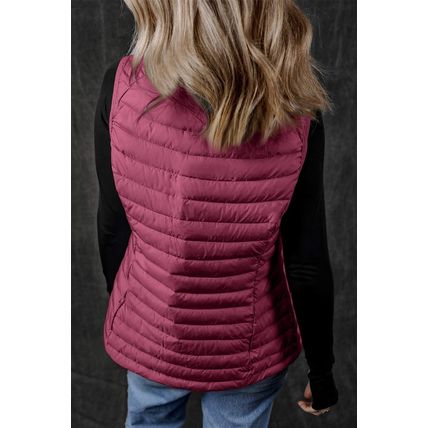 Burgundy Plush Collared Quilted Zipped Puffer Vest