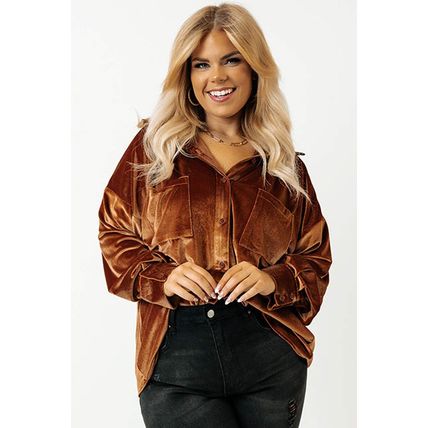Chestnut Plus Size Velvet Chest Pocket Drop Shoulder Shirt