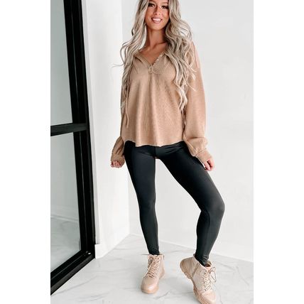 Khaki Buttoned V Neck Drawstring Knit Hoodie