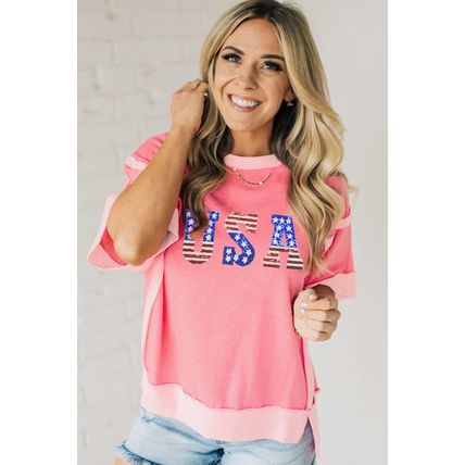 Peach Blossom USA Color Block High Low Crew Neck T Shirt