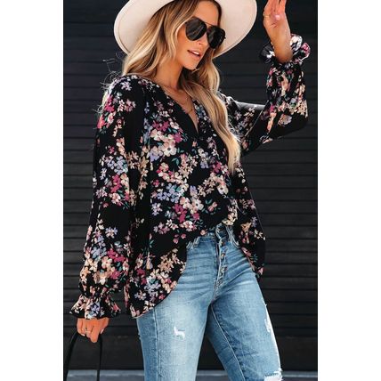 Black Wildflower Print Chiffon Blouse