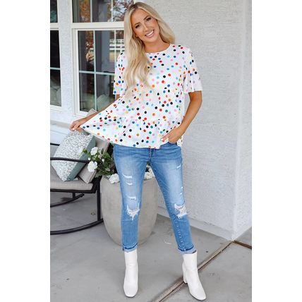 White Colorful Polka Dot Short Sleeve Tiered Ruffled Babydoll Blouse