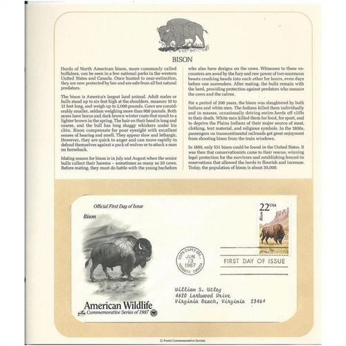 AMERICAN WILDLIFE ' OFFICIAL FIRST DAY of ISSUE ' BISON (1987)