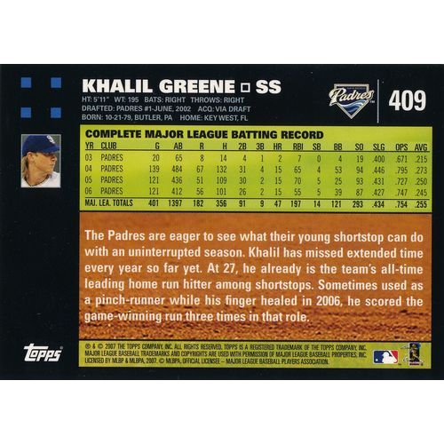 2007 Topps Baseball 409 Khalil Greene San Diego Padres
