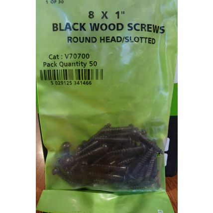 BLACK WOOD SCREWS JAPANNED ROUND HEAD / SLOTTED 8 x 1" in sealed packs of 50