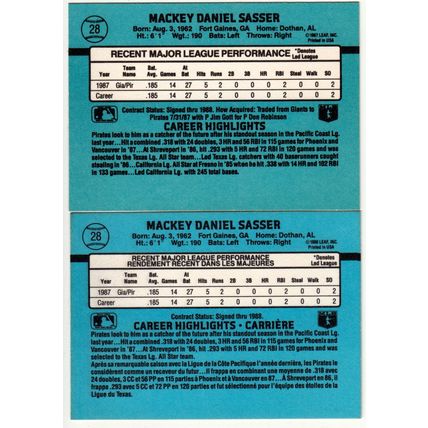 TWO Mackey Sasser Rated Rookie baseball cards 1988 Donruss & Leaf #28