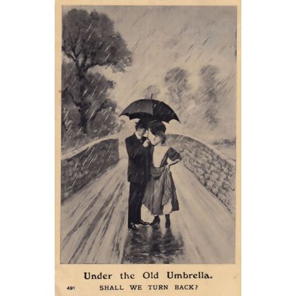 Under The Old Umbrella Romance Disaster Weather Antique Postcard