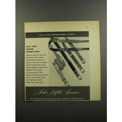 1953 Saks Fifth Avenue Custom Hitched Belts Advertisement