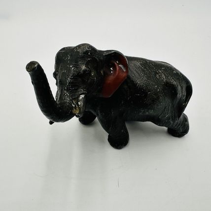 Vintage Metal Elephant Figurine Trunk Up Realistic Japan Metal Red Ears