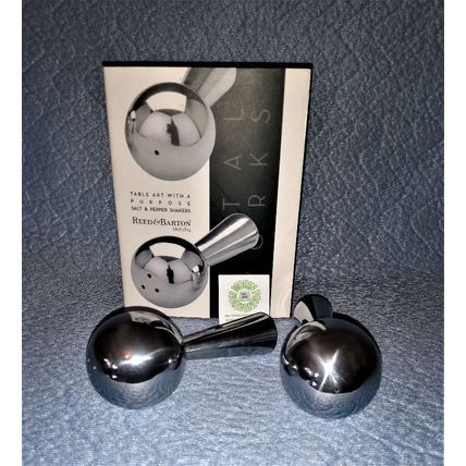 NIB NOS REED & BARTON METAL WORKS TABLE ART MARACAS SALT AND PEPPER SHAKERS