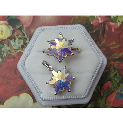 SET Star Stellaris Aurora Ring & Pendant Made With Swarovski AB Crystal 925 Sz P